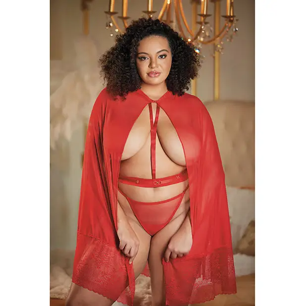Allure Lace & Mesh Cape w/Attached Waist Belt (G-String NOT included) Red QN - Lingerie - Plus/Queen - Packaged
