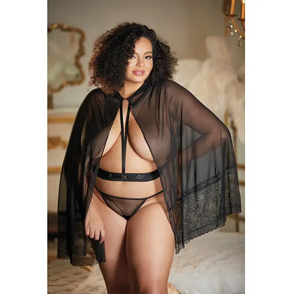 Allure Lace & Mesh Cape w/Attached Waist Belt (G-String NOT included) Black QN - Lingerie - Plus/Queen - Packaged