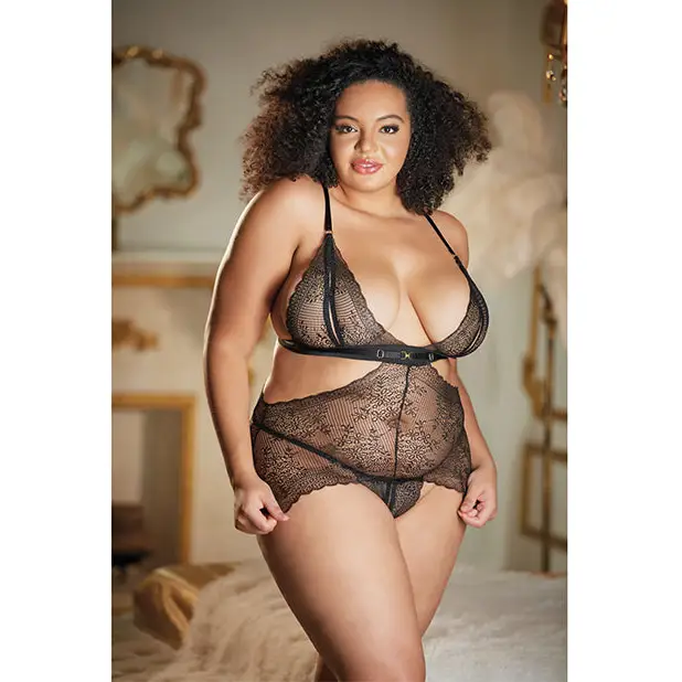 Allure Lace Peek a Boo Chemise & Ouverte G-String Black QN - Lingerie - Plus/Queen - Packaged