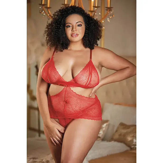 Allure Lace Peek a Boo Chemise & Ouverte G-String Red QN - Lingerie - Plus/Queen - Packaged