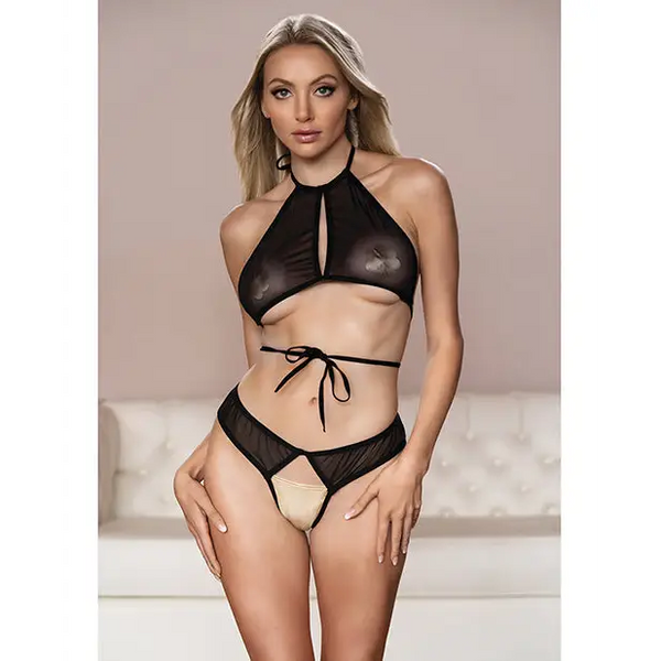 Allure Marley Mesh Peek A Boo Top & Open Panty Black L/XL - Lingerie - Packaged