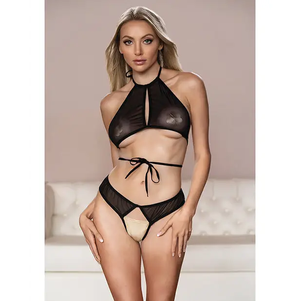 Allure Marley Mesh Peek A Boo Top & Open Panty Black S/M - Lingerie - Packaged