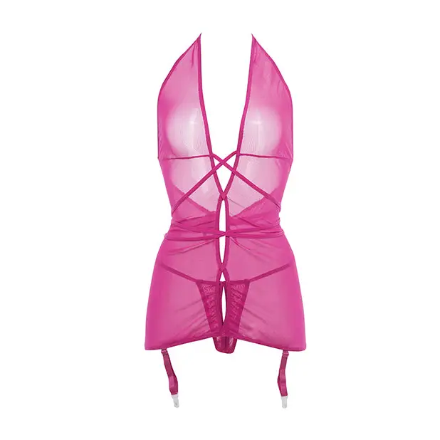 Allure Savannah Sheer Mesh Garter Dress & Open Thong Hot Pink S/M - Lingerie - Packaged