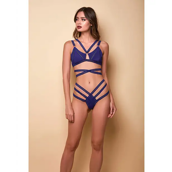 Along the Lines Strappy Bra & Cheeky Low Rise Panty Navy MD - Lingerie - Hanging