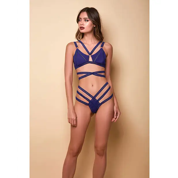 Along the Lines Strappy Bra & Cheeky Low Rise Panty Navy SM - Lingerie - Hanging