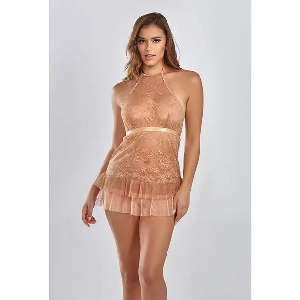 Amber Halter Lace Babydoll w/Tiered Pleated Mesh Skirt Hem & G-String Brown LG - Lingerie - Hanging