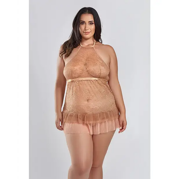 Amber Halter Lace Babydoll w/Tiered Pleated Mesh Skirt Hem & G-String Brown 1X - Lingerie - Plus/Queen - Hanging
