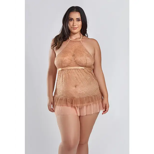 Amber Halter Lace Babydoll w/Tiered Pleated Mesh Skirt Hem & G-String Brown 2X - Lingerie - Plus/Queen - Hanging