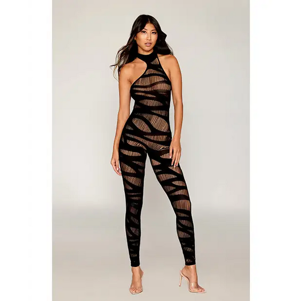 Asymmetrical Knitted Bodystocking w/Slash Design - Black O/S - Lingerie - Packaged