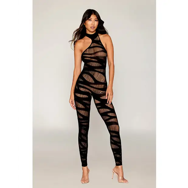 Asymmetrical Knitted Bodystocking w/Slash Design - Black O/S - Lingerie - Packaged