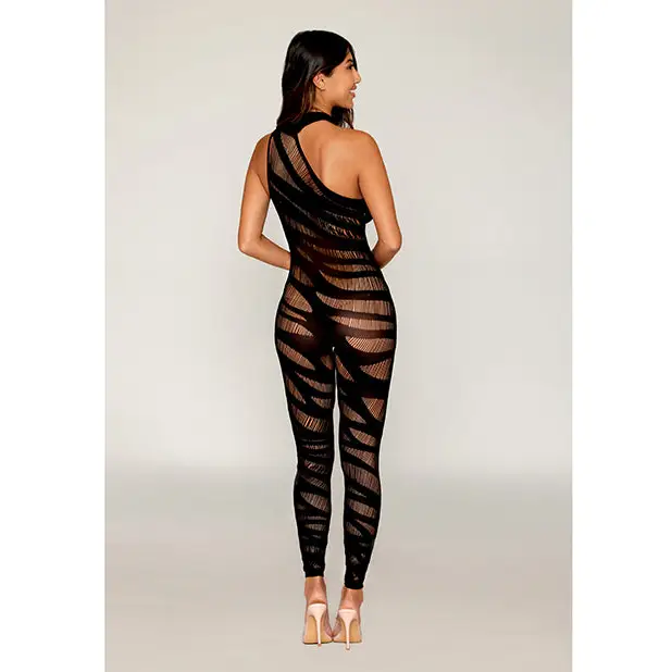 Asymmetrical Knitted Bodystocking w/Slash Design - Black O/S - Lingerie - Packaged