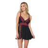 Asymmetrical Skirt w/Sheer Panel Babydoll & G-String Black/Fuchsia O/S - Lingerie - Hanging