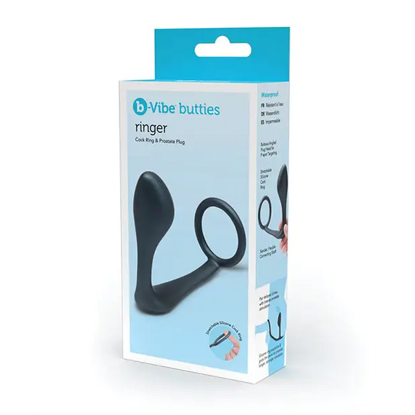 b-Vibe Butties Ringer Cock Ring & Prostate Plug - Black - Anal Products