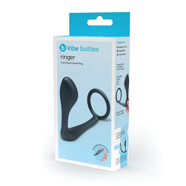 b-Vibe Butties Ringer Cock Ring & Prostate Plug - Black - Anal Products