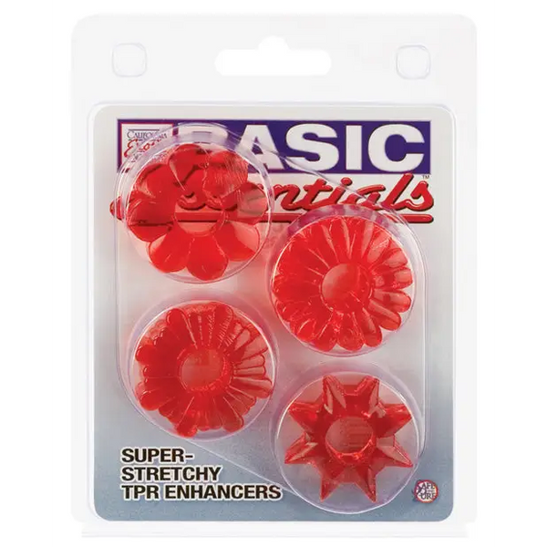 Basic Essentials Rings - Red Set of 4 - Penis Enhancement