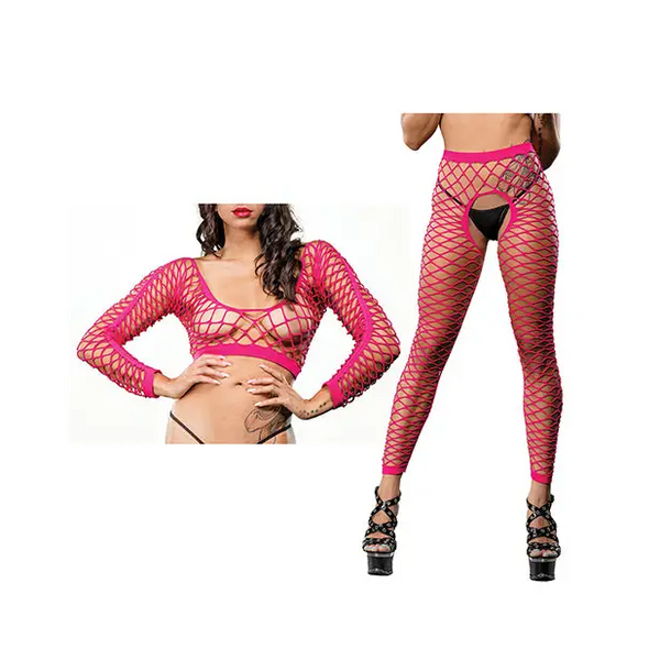Beverly Hills Naughty Girl Crotchless All Over Mesh Leggings Pink O/S - Lingerie - Packaged