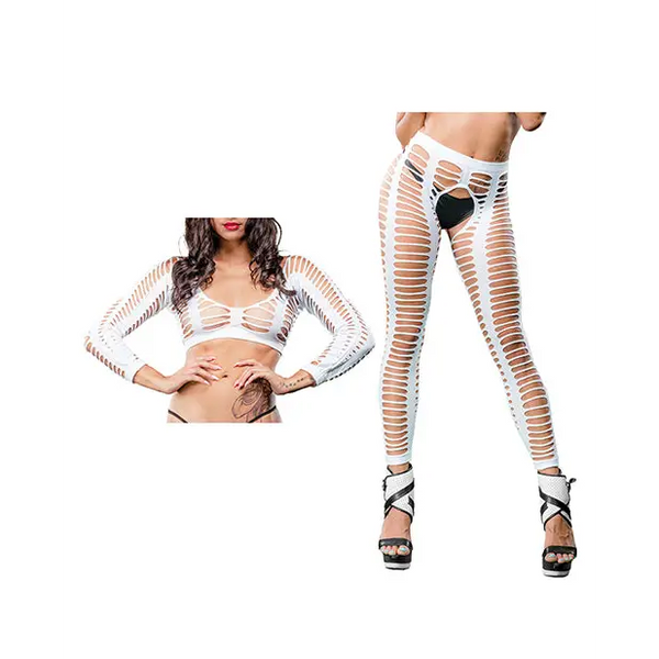Beverly Hills Naughty Girl Crotchless All Over Straps Mesh Leggings White O/S - Lingerie - Packaged