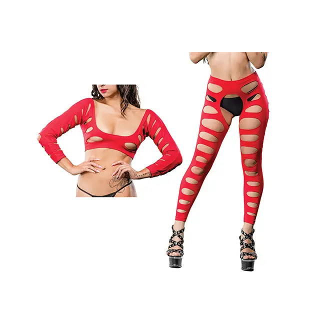 Beverly Hills Naughty Girl Crotchless Leggings w/Varigated Holes Red O/S - Lingerie - Packaged