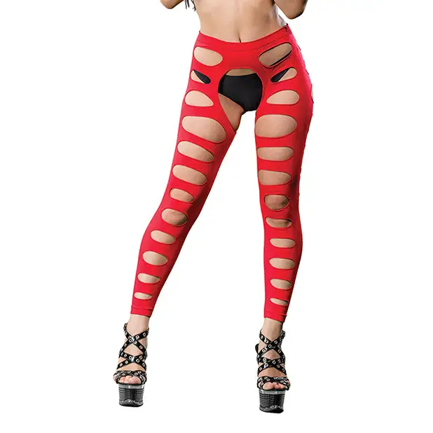 Beverly Hills Naughty Girl Crotchless Leggings w/Varigated Holes Red O/S - Lingerie - Packaged