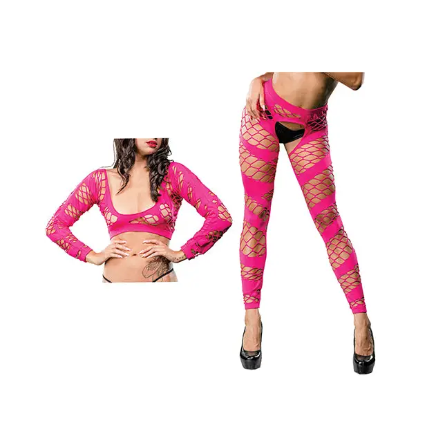Beverly Hills Naughty Girl Crotchless Mesh & Fishnet Leggings Pink O/S - Lingerie - Packaged