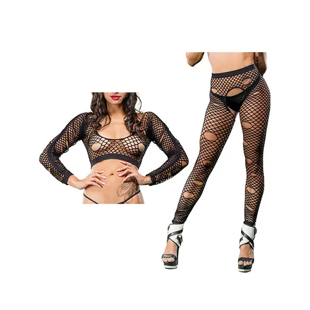 Beverly Hills Naughty Girl Crotchless Mixed Hole Leggings Black O/S - Lingerie - Packaged