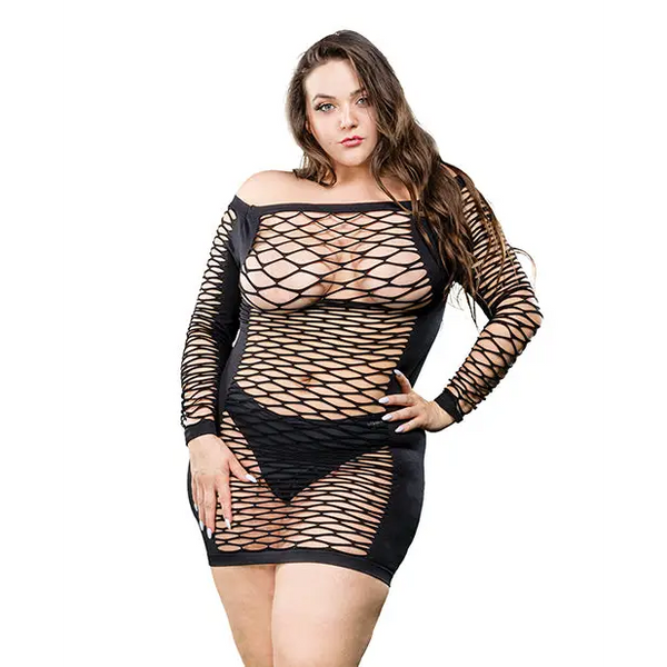 Beverly Hills Naughty Girl Long Sleeve Diamond Mesh Dress Black QN - Lingerie - Plus/Queen - Packaged