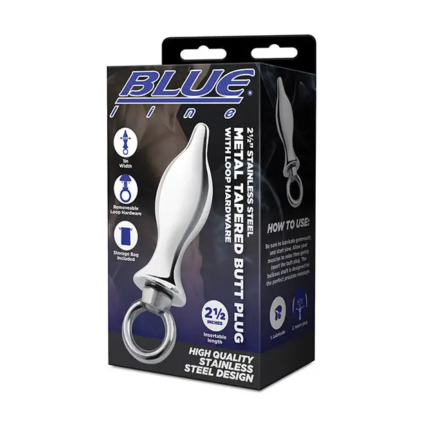 Blue Line 2.5’’ Stainless Steel Metal Tapered Butt Plug With Loop Hardware - Anal Products