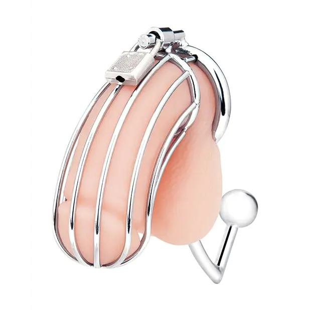 Blue Line Cock Cage w/Anal Stimulator - Silver - Bondage Blindfolds & Restraints