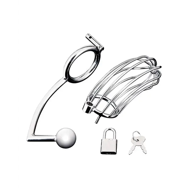 Blue Line Cock Cage w/Anal Stimulator - Silver - Bondage Blindfolds & Restraints