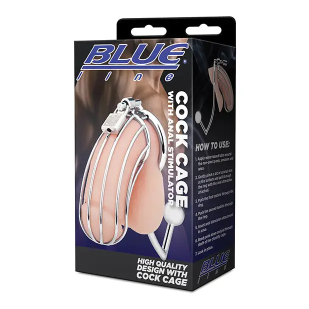 Blue Line Cock Cage w/Anal Stimulator - Silver - Bondage Blindfolds & Restraints