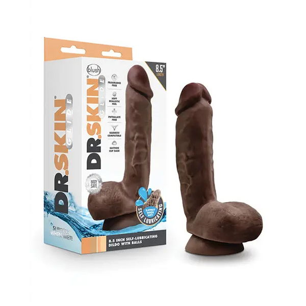 Blush Dr. Skin Glide 8.5’’ Self Lubricating Dildo w/Balls - Chocolate - Dongs & Dildos