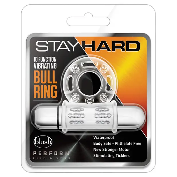 Blush Stay Hard 10 Function Vibrating Bull Ring Cock Ring - Clear - Stimulators