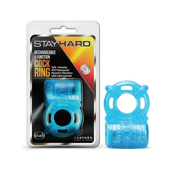 Blush Stay Hard Rechargeable 5 Function Cock Ring- Blue - Penis Enhancement