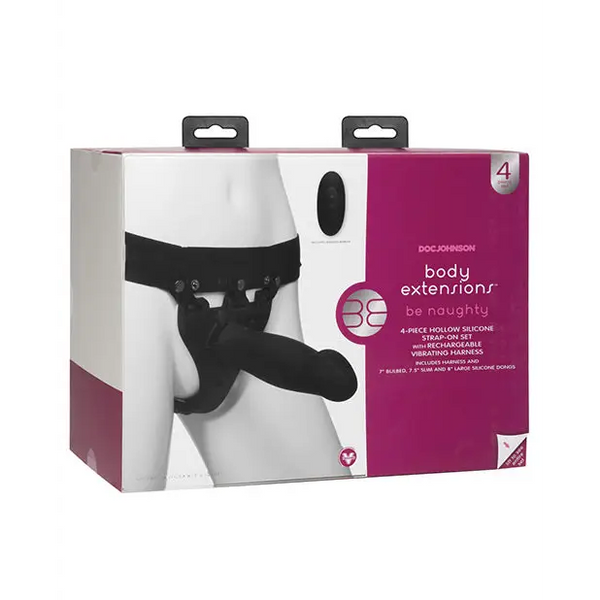 Body Extensions Be Naughty Vibrating 4 Piece Strap On Set - Black - Strap Ons