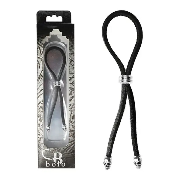 Bolo Cock Ring Leather Lasso Bead Slider w/Skull Tips - Black/Silver - Penis Enhancement