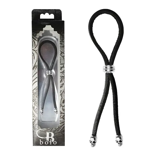 Bolo Cock Ring Leather Lasso Bead Slider w/Skull Tips - Black/Silver - Penis Enhancement