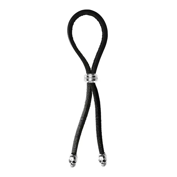 Bolo Cock Ring Leather Lasso Bead Slider w/Skull Tips - Black/Silver - Penis Enhancement