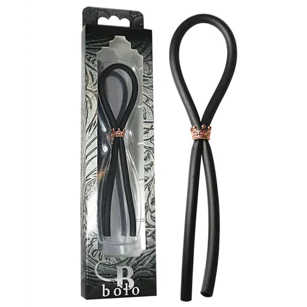 Bolo Silicone Lasso w/Rose Gold Crown Slider Ring - Black - Penis Enhancement