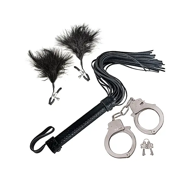 Bondage by Nasstoys Whip & Cuff Set - Black - Bondage Blindfolds & Restraints