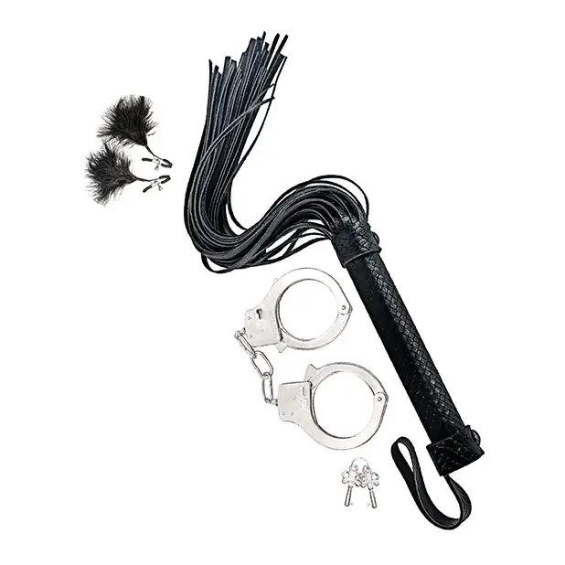 Bondage by Nasstoys Whip & Cuff Set - Black - Bondage Blindfolds & Restraints