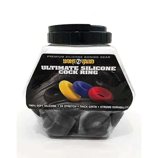 Boneyard Ultimate Silicone Cock Ring Fishbowl - Black Bowl of 50 - Gay & Lesbian Products