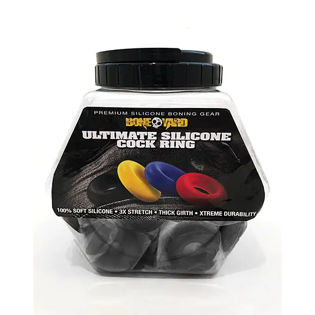 Boneyard Ultimate Silicone Cock Ring Fishbowl - Black Bowl of 50 - Gay & Lesbian Products