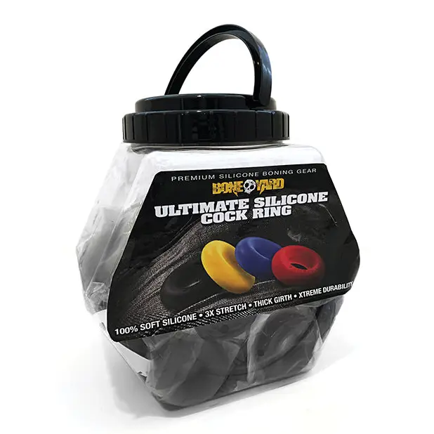 Boneyard Ultimate Silicone Cock Ring Fishbowl - Black Bowl of 50 - Gay & Lesbian Products