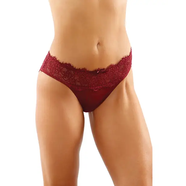 Bottoms Up Ivy Eyelash Lace Panty w/Criss Cross Back & Bow Trims Garnet S/M - Lingerie - Packaged