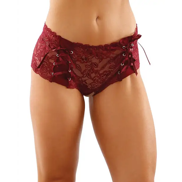 Bottoms Up Magnolia Stretch Lace Crotchless Panty w/Ribbon Lace Up Front Garnet L/XL - Lingerie - Packaged