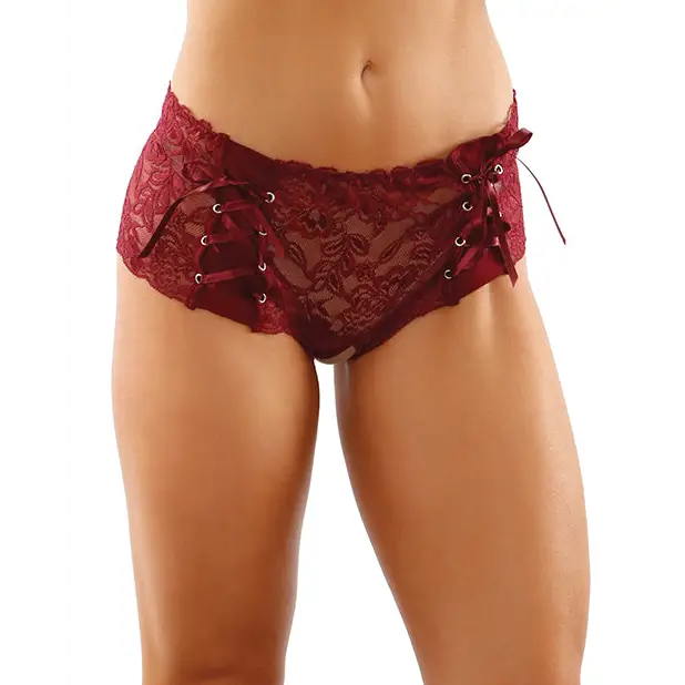Bottoms Up Magnolia Stretch Lace Crotchless Panty w/Ribbon Lace Up Front Garnet S/M - Lingerie - Packaged