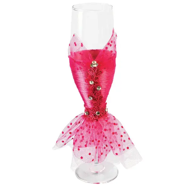 Bride to Be Champagne Glass Wedding Dress w/Pink Lace - Bachelorette & Party Supplies