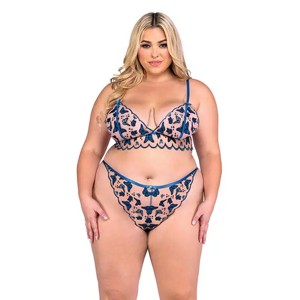 Butterfly Beauty Embroidered Bralette & Panty - Blue 1X - Lingerie - Plus/Queen - Hanging