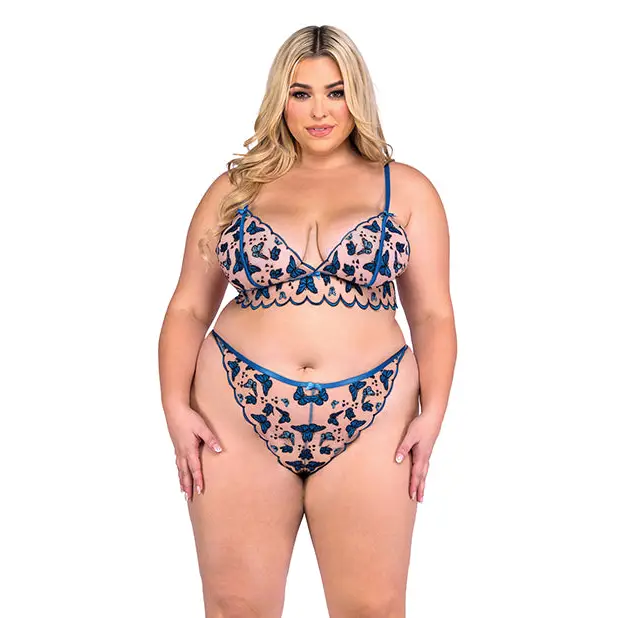 Butterfly Beauty Embroidered Bralette & Panty - Blue 2X - Lingerie - Plus/Queen - Hanging