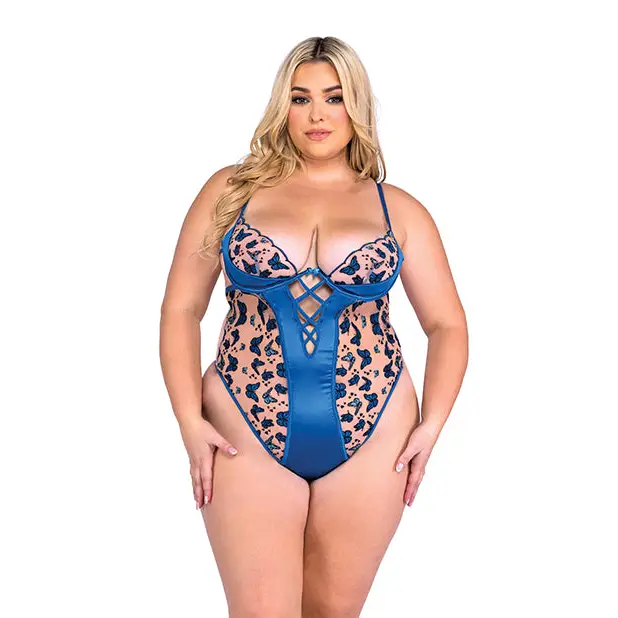 Butterfly Beauty Embroidered Teddy - Blue 1X - Lingerie - Plus/Queen - Hanging